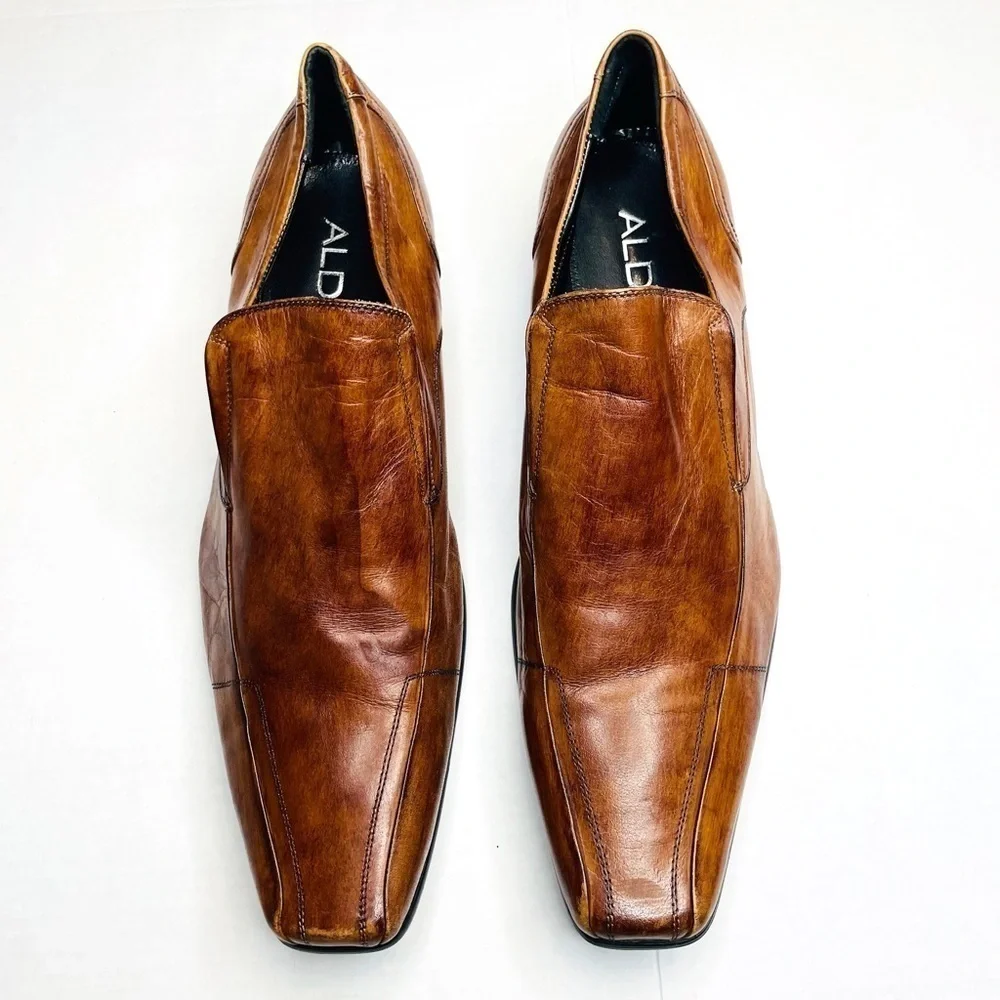 Aldo Men’s Cognac Brown Leather Long Square Toe Dress Loafers Size 45/US 12